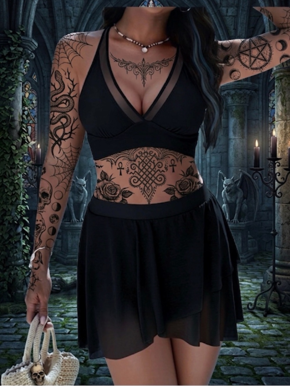 Goth sheer black mesh bikini with swim skirt